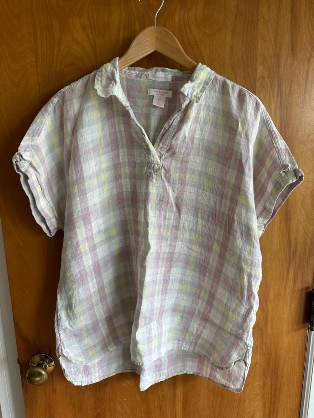 Isaac Mizrahi Pastel Plaid Buttonless Linen Blouse - Lavender , Yellow, Cream